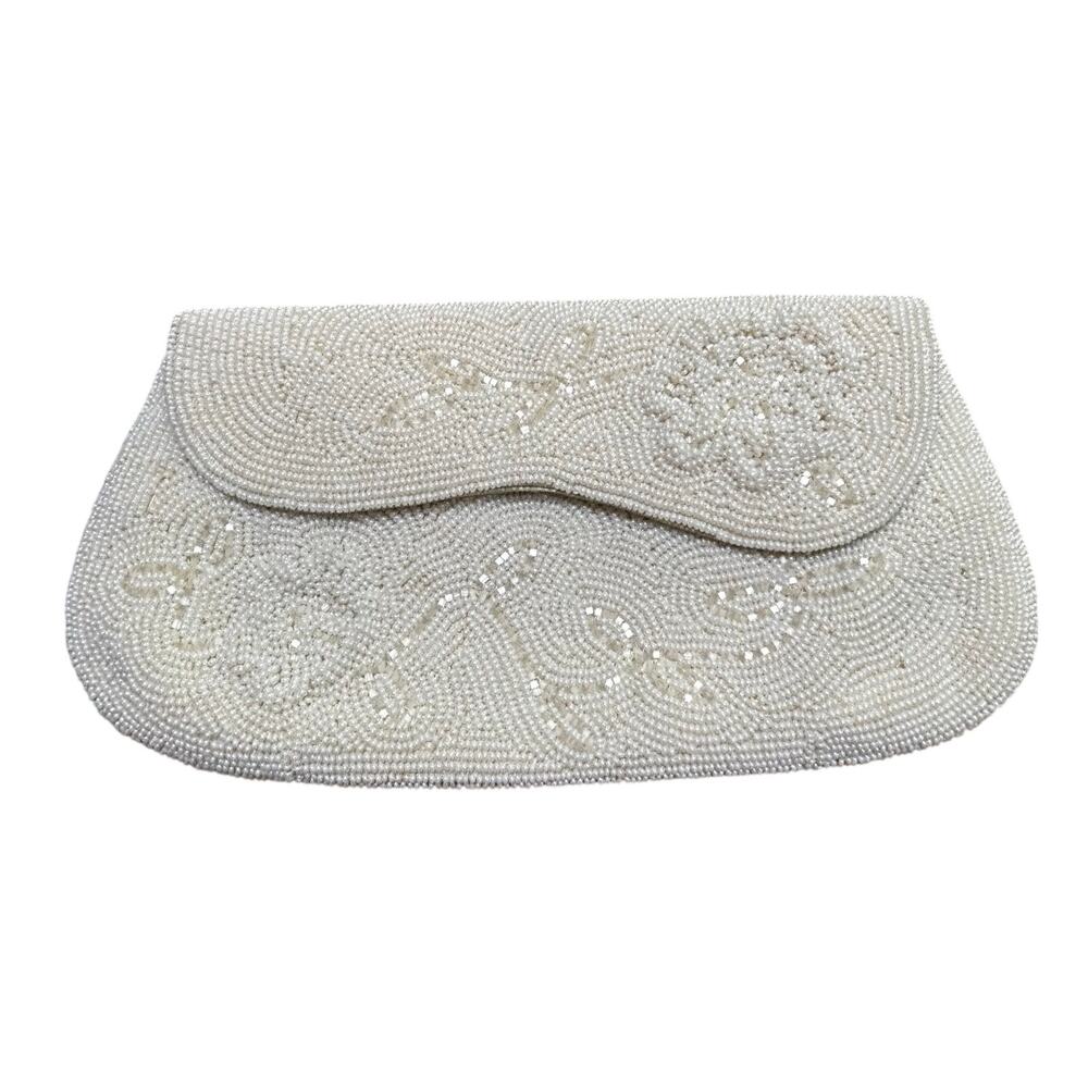 Vintage Magid white bride beaded evening bag envelop clutch purse Made in Japan